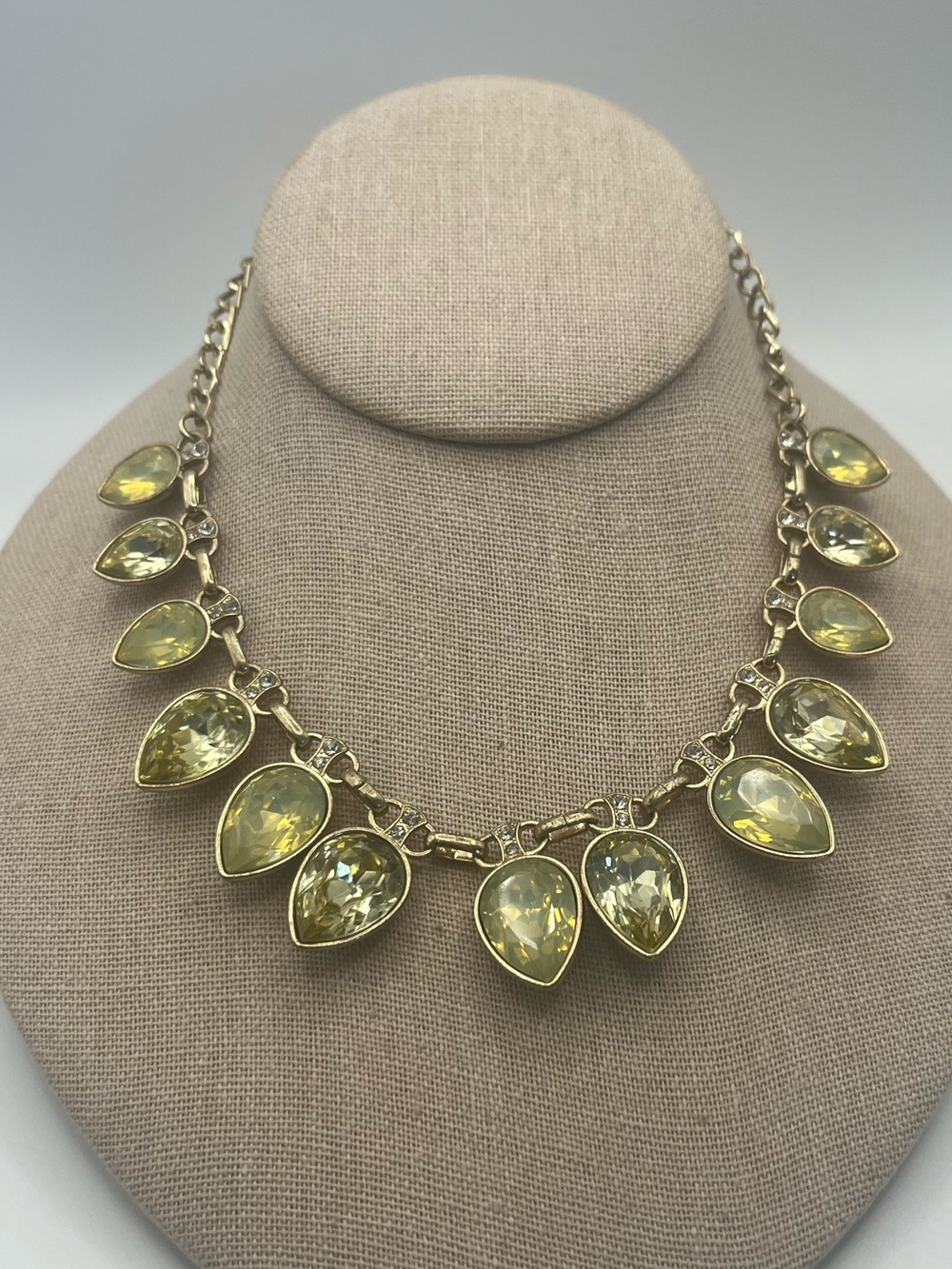 Gold Tone and Light Green Collar Necklace with Rhinestones